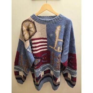 North River Hand Knit Wool Sweater Americana Rocking Chair Flag Blue NWT Large